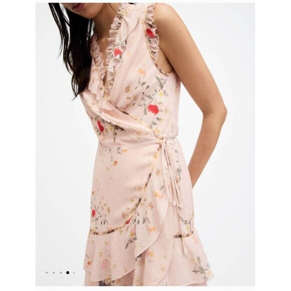 New AllSaints Ari Kora Floral Print Light Pink Mini Dress Size 12 - Picture 5 of 12